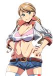  1girl belt brown_hair commentary_request covered_nipples cropped_jacket earrings green_eyes gundam gundam_tekketsu_no_orphans hands_on_hips jewelry lafter_frankland satsuki_imonet short_shorts shorts smile sports_bra thigh-highs twintails white_background 