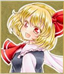  1girl black_vest blonde_hair blush bow collared_blouse eyebrows_visible_through_hair graphite_(medium) hair_between_eyes hair_bow long_sleeves looking_at_viewer looking_to_the_side neckerchief nekofish666 open_mouth outstretched_arms red_bow red_eyes red_neckwear rumia short_hair solo spread_arms touhou traditional_media vest 