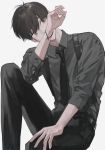  1boy absurdres black_hair black_neckwear black_pants grey_background grey_eyes grey_shirt head_tilt highres hirota_tsuu long_sleeves looking_at_viewer male_focus necktie original pants shirt simple_background sitting solo usuzumi_kei 