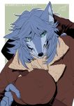  1boy blue_hair claws fate/grand_order fate_(series) fingerless_gloves furry gloves green_eyes hat hat_removed headwear_removed holding holding_hat male_focus nishiyama_(whatsoy) no_humans patxi solo wolf 