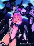  1girl :d black_gloves bodysuit breasts copyright_request covered_navel dutch_angle gloves hand_on_hip hand_up leotard mecha medium_breasts nagisa_kurousagi navel official_art open_mouth pink_eyes pink_hair pointing pointing_up round_teeth short_hair smile solo space standing teeth thigh-highs upper_teeth watermark 