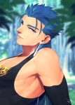  1boy bare_shoulders blue_hair bodysuit cape_removed cu_chulainn_(fate)_(all) cu_chulainn_(fate/grand_order) earrings fate/grand_order fate_(series) jewelry long_hair looking_at_viewer male_focus nishiyama_(whatsoy) red_eyes shirt smile solo tight_shirt 