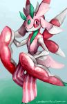  commentary creature defiant_drills english_commentary full_body gen_7_pokemon gradient gradient_background green_background highres lurantis no_humans pokemon pokemon_(creature) red_eyes solo standing standing_on_one_leg tumblr_username watermark web_address white_background 