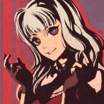  1girl black_gloves fang fang_out fingerless_gloves gloves grin idolmaster idolmaster_(classic) long_hair looking_at_viewer moshimoshibe shijou_takane silver_hair smile solo upper_body violet_eyes 