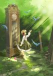  1girl ankle_boots arm_up bird bird_nest bluebird boots bow brown_hair clock day dress flower forest grandfather_clock hair_bow key kuga_tsukasa leaf light light_rays moss nature original outdoors plant pocket_watch profile ribbon short_hair smile solo standing sunbeam sunlight watch 