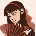  1girl amagi_yukiko bangs black_hair closed_mouth fan grey_background grey_eyes hairband holding holding_fan long_hair moshimoshibe persona persona_4 portrait red_hairband solo 