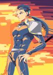  1boy blue_hair bodysuit cowboy_shot cu_chulainn_(fate)_(all) earrings fate/stay_night fate_(series) gae_bolg jewelry lancer limited_palette long_hair male_focus nishiyama_(whatsoy) pauldrons polearm ponytail red_eyes solo spear weapon 