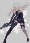 1girl bare_shoulders closed_mouth flower grey_background grey_eyes hair_between_eyes highres holding holding_sword holding_weapon long_hair mole mole_under_eye nier_(series) nier_automata simple_background solo standing sword weapon white_hair yorha_type_a_no._2 zguavi 