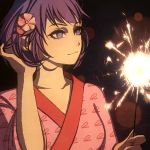  1girl closed_mouth collarbone flower hair_flower hair_ornament hand_in_hair japanese_clothes kimono monogatari_(series) moshimoshibe pink_flower pink_kimono print_kimono purple_hair senjougahara_hitagi short_hair solo upper_body violet_eyes 