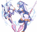  1girl android blue_eyes bodysuit boots breasts helmet high_heels holding holding_weapon leg_up leviathan_(rockman) medium_breasts multiple_views nemo_(leafnight) polearm profile rockman rockman_zero simple_background smile solo spear thigh-highs thigh_boots weapon 