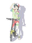  1girl asymmetrical_legwear bangs bicycle blue_eyes ground_vehicle hat hololive marugayotsu oozora_subaru open_mouth shirt shoes sneakers solo stopwatch tied_shirt virtual_youtuber watch white_background 