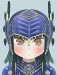  1girl black_hair blush breastplate brown_eyes closed_mouth ebimomo green_background helmet hrist_valkyrie looking_at_viewer portrait short_hair shoulder_armor simple_background solo spaulders valkyrie_profile visor_(armor) 