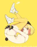  1girl air_jordan ass bikini blonde_girl_(cloba) blonde_hair breasts bunny_tail cloba commentary fingerless_gloves gloves highres looking_at_viewer nike original parted_lips shoes short_hair side-tie_bikini simple_background skindentation small_breasts sneakers solo string_bikini swimsuit tail thigh-highs yellow_background yellow_bikini yellow_eyes yellow_legwear 