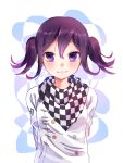  1girl :3 arms_behind_back bangs checkered checkered_neckwear closed_mouth dangan_ronpa eyebrows_visible_through_hair genderswap genderswap_(mtf) hair_between_eyes jacket long_sleeves looking_at_viewer luna_11777 new_dangan_ronpa_v3 ouma_kokichi purple_hair shiny shiny_hair short_hair solo twintails upper_body violet_eyes white_jacket 