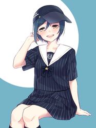  1girl :d arm_support baseball_cap black_headwear black_legwear black_neckwear black_shirt black_skirt blue_background blue_hair collarbone dangan_ronpa eyebrows_visible_through_hair genderswap genderswap_(mtf) hair_between_eyes hand_in_hair hat invisible_chair kneehighs looking_at_viewer luna_11777 miniskirt new_dangan_ronpa_v3 open_mouth saihara_shuuichi sailor_collar shiny shiny_hair shirt short_hair short_sleeves sitting skirt smile solo striped striped_shirt two-tone_background vertical-striped_shirt vertical-striped_skirt vertical_stripes white_background white_sailor_collar yellow_eyes 