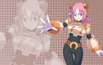  1girl android breasts hair_between_eyes headset microphone multicolored_hair nana_(rockman) official_style outstretched_arm pink_hair robot_ears rockman rockman_x short_hair shoutaro_saito smile solo two-tone_hair violet_eyes wallpaper white_hair zoom_layer 