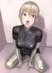  1girl bangs blush bodysuit breasts eyebrows_visible_through_hair grey_eyes grey_hair highres kilye_4421 latex latex_bodysuit looking_at_viewer medium_breasts open_mouth original saliva sexually_suggestive short_hair skin_tight solo squatting tongue tongue_out 