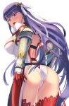  1girl ass back back_cutout bangs blue_eyes blunt_bangs blush breasts capelet earrings fate/grand_order fate_(series) gauntlets gloves hair_ribbon jewelry kanki_(kibunhasaikou) large_breasts leotard long_hair looking_at_viewer looking_back open_mouth purple_hair red_gloves red_legwear ribbon saint_martha simple_background solo straight_hair thigh-highs thighs white_background white_capelet white_leotard white_ribbon 