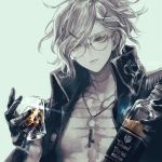  1boy bare_chest bottle edmond_dantes_(fate/grand_order) fate/grand_order fate_(series) glasses gloves hair_ornament hairclip highres key_necklace koshika_rina male_focus silver_hair solo white_hair yellow_eyes 