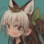  1girl :s animal_ears blue_background blush brown_eyes brown_hair closed_mouth ebimomo hair_leaf looking_at_viewer lowres multicolored_hair original portrait red_eyes simple_background solo two-tone_hair white_hair 