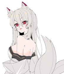  1girl :d animal_ear_fluff animal_ears ara_haan bangs bare_shoulders breasts elsword eun_(elsword) eyebrows_visible_through_hair fang flat_color fox_ears fox_tail highres japanese_clothes kimono long_hair looking_at_viewer looking_back multiple_tails open_mouth red_eyes seu_9(banya) simple_background smile solo tail very_long_hair whisker_markings white_background white_hair white_kimono 