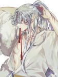  1boy abs arms_up bangs biting closed_mouth collarbone crescent facial_mark fur_trim high_ponytail highres inuyasha long_hair long_sleeves looking_to_the_side male_focus mgmg_1012 mouth_hold open_clothes pointy_ears sesshoumaru simple_background solo upper_body white_background white_hair yellow_eyes 