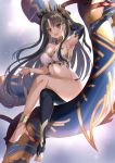  1girl arm_up armlet asymmetrical_legwear asymmetrical_sleeves bare_shoulders black_hair black_ribbon commentary commentary_request crossed_legs crown detached_sleeves earrings elbow_gloves fate/grand_order fate_(series) gloves hair_ornament hair_ribbon harimoji heavenly_boat_maanna highres hoop_earrings ishtar_(fate)_(all) ishtar_(fate/grand_order) jewelry legs long_hair long_legs looking_at_viewer neck_ring open_mouth red_eyes ribbon single_detached_sleeve single_elbow_glove single_thighhigh thigh-highs toeless_legwear twintails two_side_up 