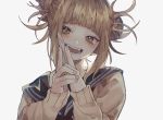  1girl :d bangs blonde_hair blunt_bangs blush boku_no_hero_academia cardigan double_bun eyebrows_behind_hair fangs hands_together hands_up holding holding_knife holding_weapon knife less_than light_brown_eyes long_sleeves looking_at_viewer medium_hair messy_hair neckerchief open_mouth own_hands_together red_neckwear sailor_collar sidelocks simple_background smile solo toga_himiko upper_body weapon white_background 