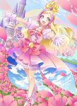  1girl :d absurdres bangs blonde_hair castle collarbone cure_flora day dress dutch_angle earrings field flower flower_field gloves go!_princess_precure green_eyes highres jewelry long_hair multicolored_hair open_mouth outdoors outstretched_arms outstretched_hand parted_bangs pink_dress pink_flower precure purple_hair smile solo standing tied_hair two-tone_hair very_long_hair white_gloves yuutarou_(fukiiincho) 