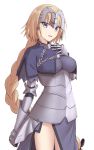  1girl armor armored_dress bangs blonde_hair blue_eyes blush braid breasts commentary_request elfenlied22 eyebrows_visible_through_hair fate/apocrypha fate/grand_order fate_(series) gauntlets headpiece highres jeanne_d&#039;arc_(fate) jeanne_d&#039;arc_(fate)_(all) large_breasts long_hair looking_at_viewer ruler_(fate/apocrypha) simple_background single_braid smile solo very_long_hair white_background 