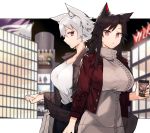  2girls alternate_costume animal_ear_fluff animal_ears bangs black_hair breasts brown_jacket casual commentary_request contemporary cup dress eyebrows_visible_through_hair from_side grey_dress hair_between_eyes holding holding_cup imaizumi_kagerou inubashiri_momiji jacket kasuka_(kusuki) large_breasts long_hair long_sleeves multiple_girls parted_lips profile red_eyes red_jacket shirt short_hair sidelocks silver_hair touhou turtleneck_dress upper_body white_shirt wolf_ears 