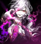  1boy dutch_angle edmond_dantes_(fate/grand_order) fangs fate/grand_order fate_(series) fire gloves koshika_rina long_hair male_focus pink_fire purple_fire red_eyes silver_hair solo white_gloves white_hair 