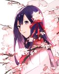  1girl aonogura cherry_blossoms fate/stay_night fate_(series) flower hair_flower hair_ornament hair_ribbon highres japanese_clothes kimono long_hair looking_at_viewer looking_to_the_side matou_sakura purple_hair ribbon smile solo upper_body violet_eyes 
