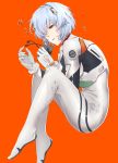  1girl ayanami_rei bodysuit fetal_position from_side fuyuhi_tsukika hair_over_one_eye highres neon_genesis_evangelion open_mouth orange_background plugsuit red_eyes short_hair silver_hair simple_background solo tears white_bodysuit 