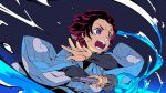  1boy absurdres brown_hair commentary_request haori highres holding holding_sword holding_weapon japanese_clothes kamado_tanjirou katana kimetsu_no_yaiba long_sleeves male_focus nagisa_kurousagi open_mouth scar simple_background solo sword upper_body violet_eyes weapon wide_sleeves 