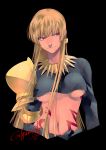  1girl armor black_shirt blonde_hair breasts earrings fate/stay_night fate_(series) genderswap genderswap_(mtf) gilgamesh gold_armor jewelry long_hair necklace nishiyama_(whatsoy) red_eyes shirt single_pauldron solo tattoo under_boob upper_body 