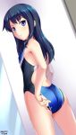  1girl adjusting_clothes adjusting_swimsuit artist_name asashio_(kantai_collection) ass back black_hair black_swimsuit blue_eyes blue_swimsuit blush competition_swimsuit dated door eyebrows_visible_through_hair flat_chest hair_between_eyes highleg highleg_swimsuit highres indoors kantai_collection long_hair looking_back mirror one-piece_swimsuit solo swimsuit tsuchimiya twitter_username wet wet_clothes wet_swimsuit 