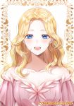  1girl bangs bare_shoulders blonde_hair blue_eyes blush breasts commentary commission copyright_request dress eyebrows_visible_through_hair large_breasts long_hair open_mouth parted_bangs pink_dress smile ubi_(ekdus6080) wavy_hair 
