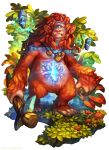  blue_eyes brazil brazilian_folklore brown_hair claws commentary english_commentary fangs grass highres holding holding_weapon jewelry long_hair mapinguari monster mushroom necklace no_humans one-eyed single_eye solo standing weapon 