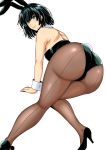  1girl all_fours animal_ears ass black_hair bunny_girl bunny_tail detached_collar fubuki_(one-punch_man) green_eyes haruhisky high_heels highres looking_at_viewer looking_back one-punch_man pantyhose rabbit_ears short_hair shoulder_blades solo tail white_background wrist_cuffs 