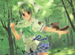  1girl absurdres blue_ribbon blue_skirt bow bowtie brown_eyes closed_mouth clover forest green_hair green_neckwear green_shirt green_theme hair_bow hand_up highres holding jewelry kuga_tsukasa looking_at_viewer nature necklace pleated_skirt ponytail red_ribbon ribbon shirt short_hair short_sleeves skirt smile solo squirrel standing tooyama_midori yoake_mae_yori_ruri_iro_na 