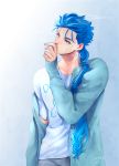  1boy blue_hair blue_jacket blue_theme cardigan cigarette cu_chulainn_(fate)_(all) earrings fate/stay_night fate_(series) highres jacket jewelry lancer long_hair low-tied_long_hair male_focus nishiyama_(whatsoy) off_shoulder red_eyes shirt smoking solo t-shirt white_shirt 