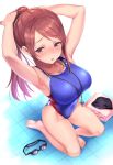  1girl armpits arms_up barefoot blue_swimsuit blurry blush breasts brown_hair commentary_request competition_swimsuit covered_navel depth_of_field eyebrows_visible_through_hair foreshortening from_above highres idolmaster idolmaster_cinderella_girls kneeling large_breasts long_hair mifune_miyu natsu_(nattiyann) one-piece_swimsuit parted_lips ponytail revision sidelocks solo sweatdrop swimsuit tile_floor tiles tying_hair violet_eyes whistle whistle_around_neck 