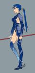  1girl blue_hair boots cu_chulainn_(fate)_(all) fate/stay_night fate_(series) full_body gae_bolg genderswap genderswap_(mtf) grey_background holding holding_spear holding_weapon lancer lancer-tan leotard long_hair nishiyama_(whatsoy) older pauldrons polearm ponytail profile solo spear standing thigh-highs thigh_boots weapon 