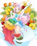  1girl absurdres armpits banana bangs blue_hairband blue_shirt boots cure_parfait dress_shirt elbow_gloves floating_hair food fruit full_body gloves grapes hairband hat high_heel_boots high_heels highres holding jumping kirakira_precure_a_la_mode lemon long_hair looking_at_viewer outstretched_arm parted_bangs pink_hair precure red_apple shiny shiny_hair shirt sleeveless sleeveless_shirt solo strapless_shirt very_long_hair watermelon white_footwear white_gloves yuutarou_(fukiiincho) 