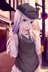  1girl :d absurdres bangs black_headwear black_vest blue_eyes blush collarbone commentary_request eyebrows_visible_through_hair flat_cap hair_between_eyes hamayuu_(litore) hands_up hat hibiki_(kantai_collection) highres kantai_collection long_hair long_sleeves looking_at_viewer no_parking_sign open_mouth outdoors pleated_skirt road_sign shirt sign skirt smile solo twitter_username upper_teeth very_long_hair vest white_hair white_shirt white_skirt 