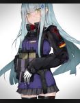  1girl bangs black_legwear blue_hair blunt_bangs blush ekuesu eyebrows_visible_through_hair facial_mark girls_frontline green_eyes hair_ornament highres hk416_(girls_frontline) long_hair magazine_(weapon) pleated_skirt skirt solo thigh-highs very_long_hair white_hair 