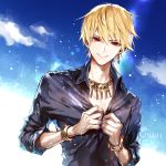  1boy blonde_hair bracelet earrings fate/grand_order fate/stay_night fate_(series) gilgamesh jewelry koshika_rina male_focus necklace red_eyes signature sky solo upper_body 