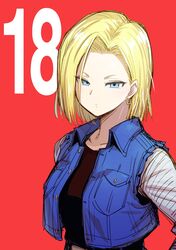  1girl android_18 blonde_hair blue_eyes character_name denim denim_jacket dragon_ball dragon_ball_z earrings hand_on_hip highres jewelry red_background toruneko 