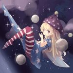  1girl absurdres american_flag_dress american_flag_legwear blonde_hair blush clownpiece fairy_wings floating fujii_shino hat highres jester_cap long_hair looking_at_viewer moon neck_ruff red_eyes solo space sparkle touhou v-shaped_eyebrows very_long_hair wings 